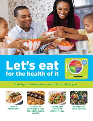 Let's eat
for the health of it

Dairy
Fruits

Vegetables

Grains

Protein

ChooseMyPlate.gov

Start by choosing one or more tips to help you...


Build a
healthy plate

Cut back on
foods high in solid
fats, added sugars,
and salt

Eat the right
amount of
calories for you

Be physically
active your way

 