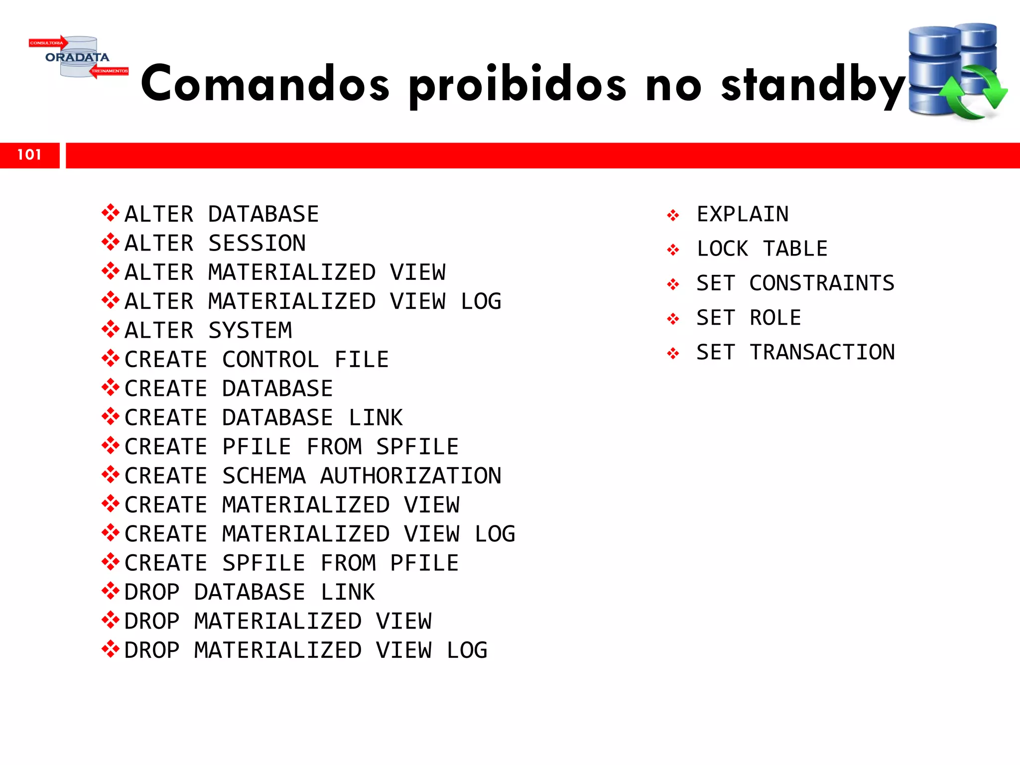 Comandos proibidos no standby
101
ALTER DATABASE
ALTER SESSION
ALTER MATERIALIZED VIEW
ALTER MATERIALIZED VIEW LOG
ALTER SYSTEM
CREATE CONTROL FILE
CREATE DATABASE
CREATE DATABASE LINK
CREATE PFILE FROM SPFILE
CREATE SCHEMA AUTHORIZATION
CREATE MATERIALIZED VIEW
CREATE MATERIALIZED VIEW LOG
CREATE SPFILE FROM PFILE
DROP DATABASE LINK
DROP MATERIALIZED VIEW
DROP MATERIALIZED VIEW LOG
 EXPLAIN
 LOCK TABLE
 SET CONSTRAINTS
 SET ROLE
 SET TRANSACTION
 