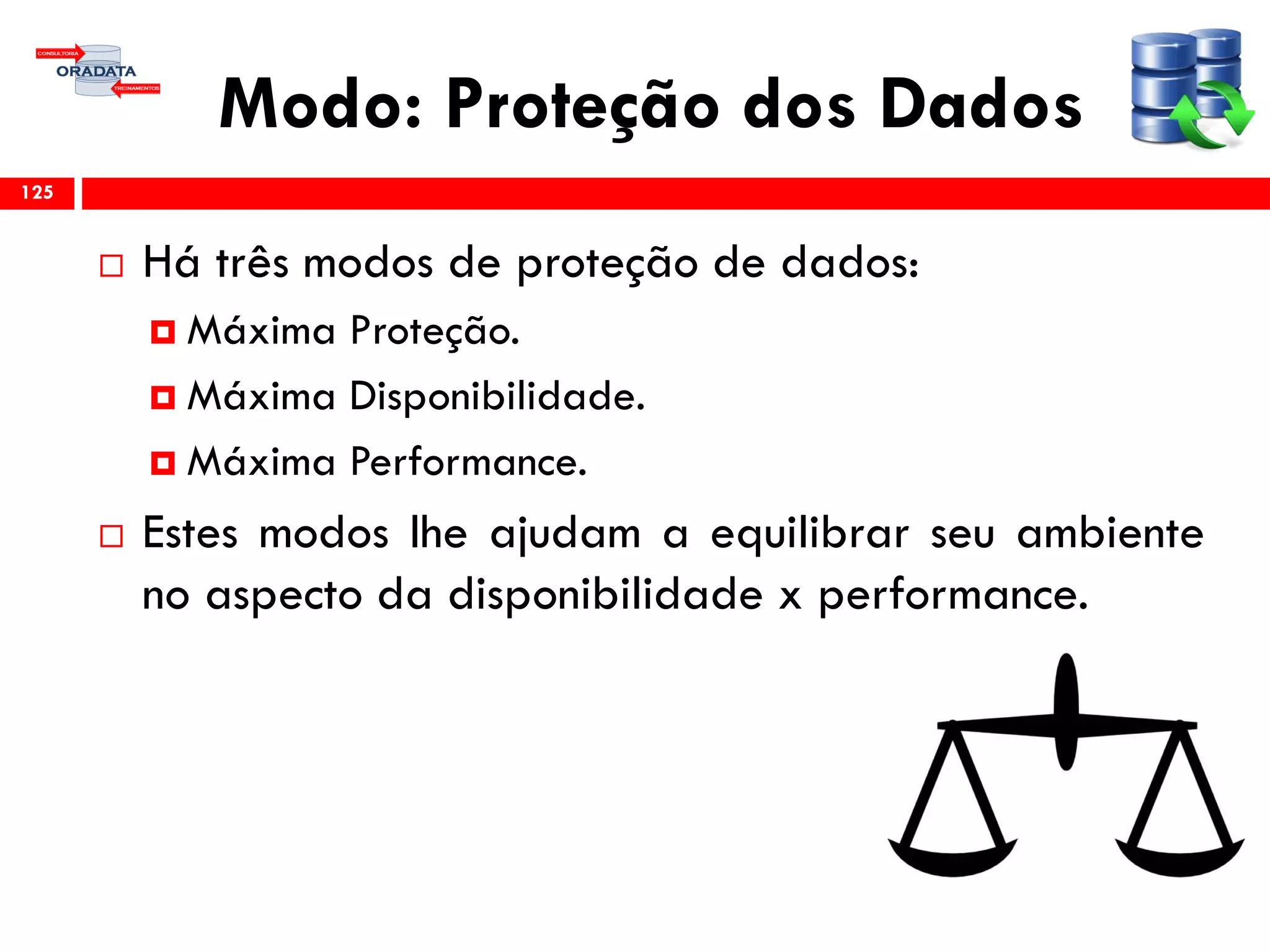 Modo: Proteção dos Dados
 Há três modos de proteção de dados:
 Máxima Proteção.
 Máxima Disponibilidade.
 Máxima Performance.
 Estes modos lhe ajudam a equilibrar seu ambiente
no aspecto da disponibilidade x performance.
125
 