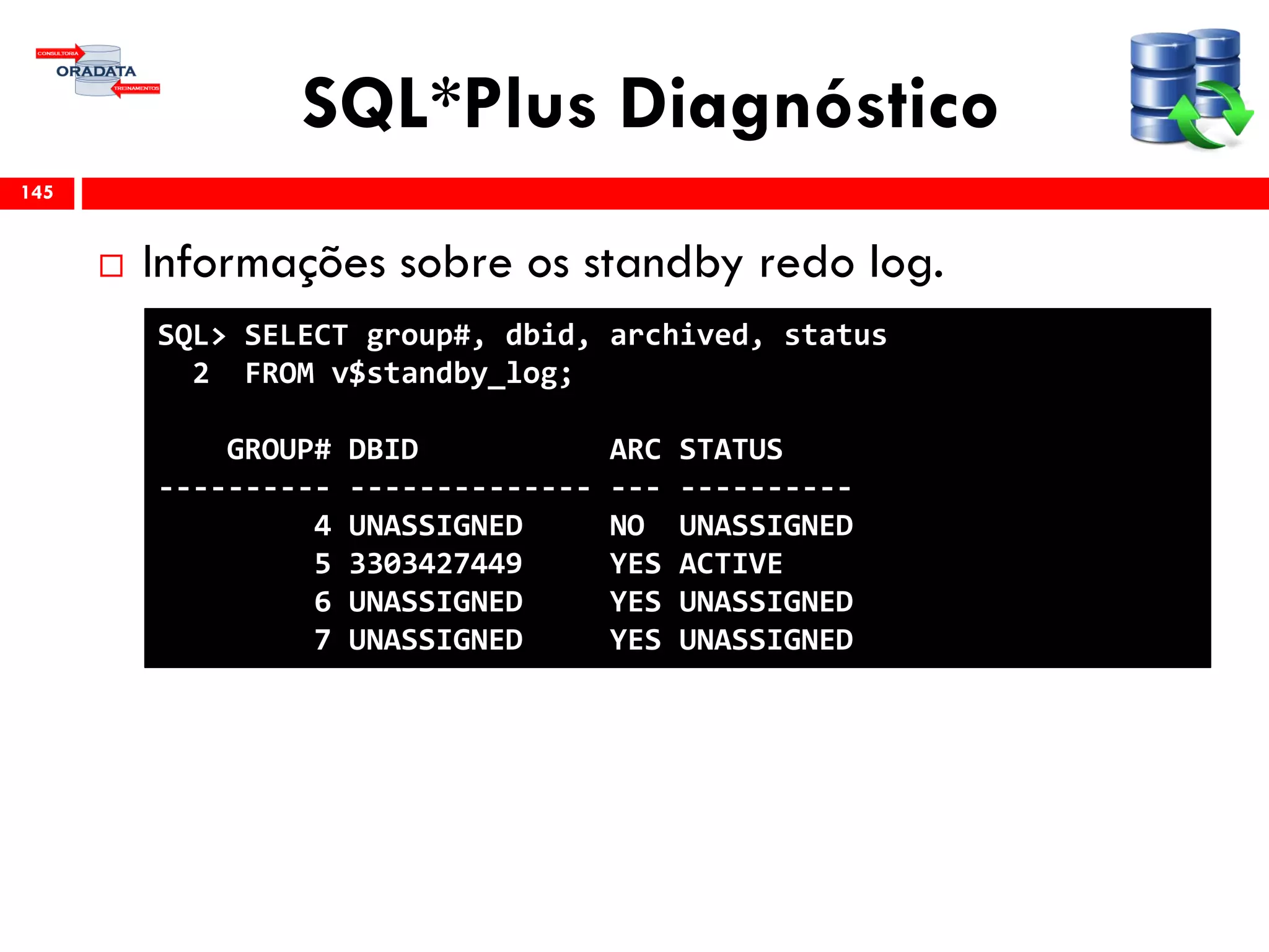 SQL*Plus Diagnóstico
 Informações sobre os standby redo log.
145
SQL> SELECT group#, dbid, archived, status
2 FROM v$standby_log;
GROUP# DBID ARC STATUS
---------- -------------- --- ----------
4 UNASSIGNED NO UNASSIGNED
5 3303427449 YES ACTIVE
6 UNASSIGNED YES UNASSIGNED
7 UNASSIGNED YES UNASSIGNED
 