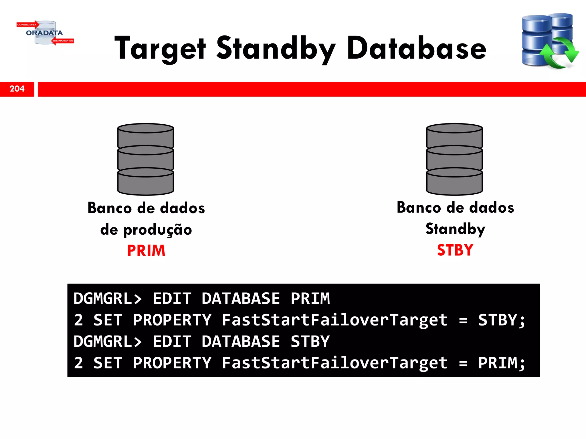 Target Standby Database
204
Banco de dados
de produção
PRIM
Banco de dados
Standby
STBY
DGMGRL> EDIT DATABASE PRIM
2 SET PROPERTY FastStartFailoverTarget = STBY;
DGMGRL> EDIT DATABASE STBY
2 SET PROPERTY FastStartFailoverTarget = PRIM;
 
