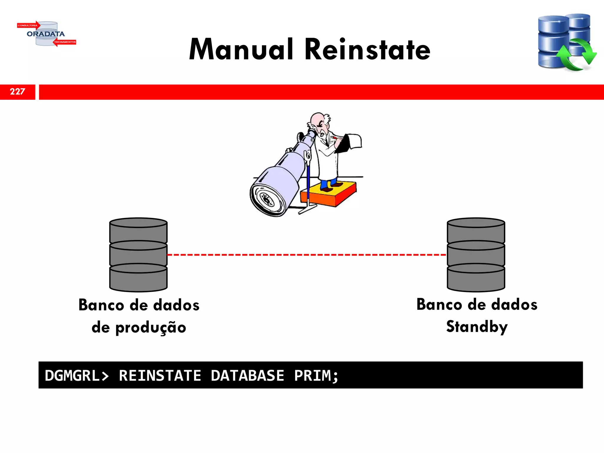 Manual Reinstate
227
DGMGRL> REINSTATE DATABASE PRIM;
Banco de dados
de produção
Banco de dados
Standby
 