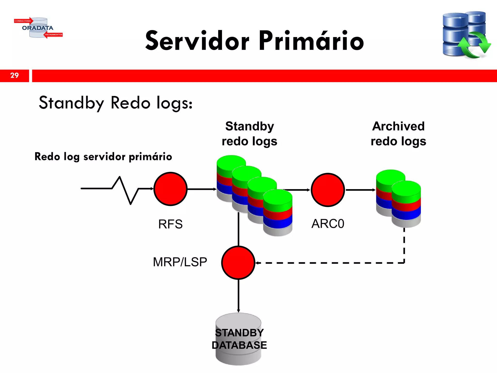 Servidor Primário
Standby Redo logs:
29
Redo log servidor primário
RFS ARC0
Standby
redo logs
Archived
redo logs
MRP/LSP
STANDBY
DATABASE
 