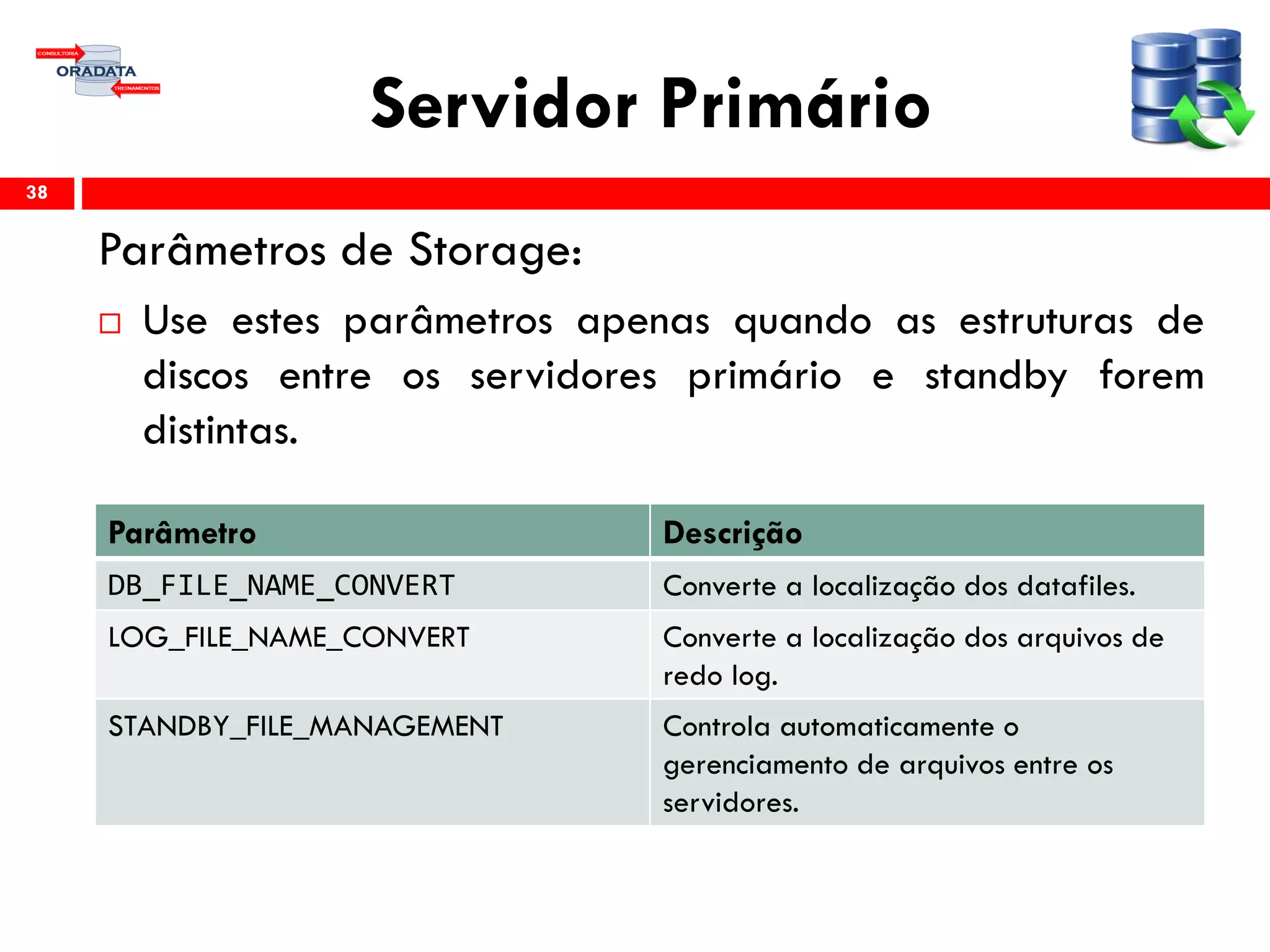 Servidor Primário
Parâmetros de Storage:
 Use estes parâmetros apenas quando as estruturas de
discos entre os servidores primário e standby forem
distintas.
38
Parâmetro Descrição
DB_FILE_NAME_CONVERT Converte a localização dos datafiles.
LOG_FILE_NAME_CONVERT Converte a localização dos arquivos de
redo log.
STANDBY_FILE_MANAGEMENT Controla automaticamente o
gerenciamento de arquivos entre os
servidores.
 