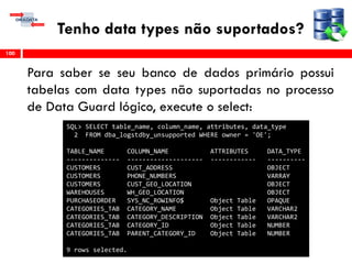 Tenho data types não suportados?
Para saber se seu banco de dados primário possui
tabelas com data types não suportadas no processo
de Data Guard lógico, execute o select:
100
SQL> SELECT table_name, column_name, attributes, data_type
2 FROM dba_logstdby_unsupported WHERE owner = 'OE';
TABLE_NAME COLUMN_NAME ATTRIBUTES DATA_TYPE
-------------- -------------------- ------------ ----------
CUSTOMERS CUST_ADDRESS OBJECT
CUSTOMERS PHONE_NUMBERS VARRAY
CUSTOMERS CUST_GEO_LOCATION OBJECT
WAREHOUSES WH_GEO_LOCATION OBJECT
PURCHASEORDER SYS_NC_ROWINFO$ Object Table OPAQUE
CATEGORIES_TAB CATEGORY_NAME Object Table VARCHAR2
CATEGORIES_TAB CATEGORY_DESCRIPTION Object Table VARCHAR2
CATEGORIES_TAB CATEGORY_ID Object Table NUMBER
CATEGORIES_TAB PARENT_CATEGORY_ID Object Table NUMBER
9 rows selected.
 