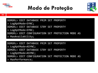 Modo de Proteção
205
DGMGRL> EDIT DATABASE PRIM SET PROPERTY
> LogXptMode=SYNC;
DGMGRL> EDIT DATABASE STBY SET PROPERTY
> LogXptMode=SYNC;
DGMGRL> EDIT CONFIGURATION SET PROTECTION MODE AS
> MaxAvailability;
DGMGRL> EDIT DATABASE PRIM SET PROPERTY
> LogXptMode=ASYNC;
DGMGRL> EDIT DATABASE STBY SET PROPERTY
> LogXptMode=ASYNC;
DGMGRL> EDIT CONFIGURATION SET PROTECTION MODE AS
> MaxPerformance;
 
