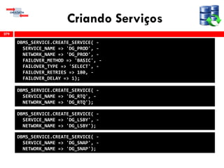 Criando Serviços
279
DBMS_SERVICE.CREATE_SERVICE( -
SERVICE_NAME => 'DG_PROD', -
NETWORK_NAME => 'DG_PROD', -
FAILOVER_METHOD => 'BASIC', -
FAILOVER_TYPE => 'SELECT', -
FAILOVER_RETRIES => 180, -
FAILOVER_DELAY => 1);
DBMS_SERVICE.CREATE_SERVICE( -
SERVICE_NAME => 'DG_RTQ', -
NETWORK_NAME => 'DG_RTQ');
DBMS_SERVICE.CREATE_SERVICE( -
SERVICE_NAME => 'DG_LSBY', -
NETWORK_NAME => 'DG_LSBY');
DBMS_SERVICE.CREATE_SERVICE( -
SERVICE_NAME => 'DG_SNAP', -
NETWORK_NAME => 'DG_SNAP');
 