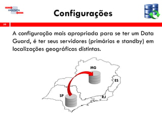 Configurações
A configuração mais apropriada para se ter um Data
Guard, é ter seus servidores (primários e standby) em
localizações geográficas distintas.
59
SP
MG
ES
RJ
 