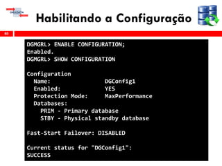 Habilitando a Configuração
80
DGMGRL> ENABLE CONFIGURATION;
Enabled.
DGMGRL> SHOW CONFIGURATION
Configuration
Name: DGConfig1
Enabled: YES
Protection Mode: MaxPerformance
Databases:
PRIM - Primary database
STBY - Physical standby database
Fast-Start Failover: DISABLED
Current status for "DGConfig1":
SUCCESS
 