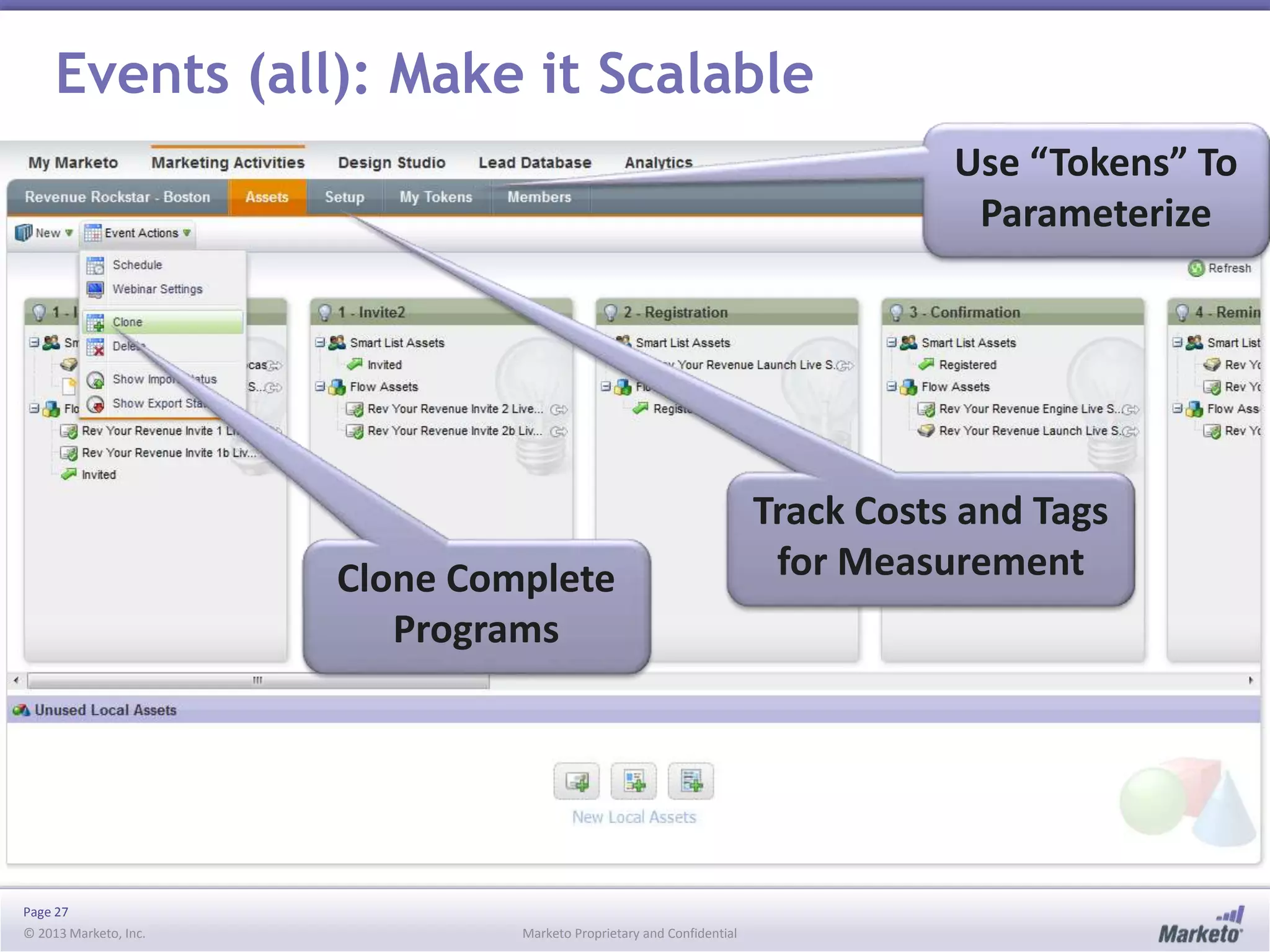 Events (all): Make it Scalable
Use “Tokens” To
Parameterize

Clone Complete
Programs

Page 27
© 2013 Marketo, Inc.

Marketo Proprietary and Confidential

Track Costs and Tags
for Measurement

 