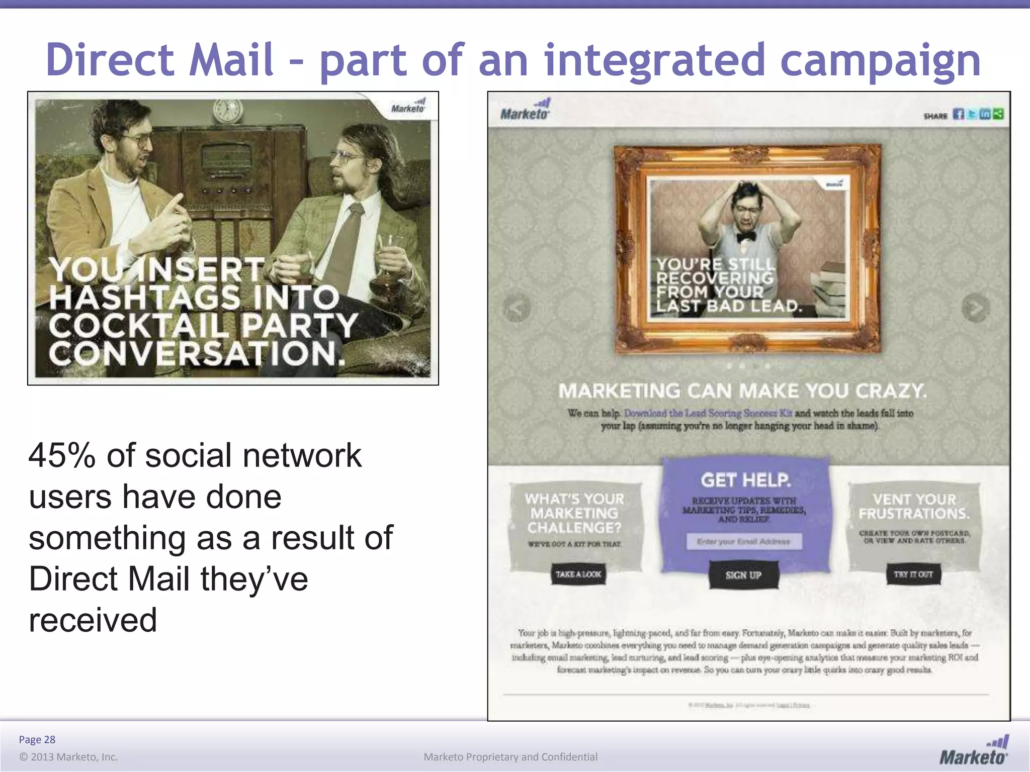 Direct Mail – part of an integrated campaign

45% of social network
users have done
something as a result of
Direct Mail they’ve
received

Page 28
© 2013 Marketo, Inc.

Marketo Proprietary and Confidential

 
