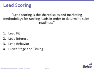 Page 15Marketo Proprietary and Confidential | © Marketo, Inc. 4/9/2015
Lead Scoring
“Lead scoring is the shared sales and marketing
methodology for ranking leads in order to determine sales-
readiness”
1. Lead Fit
2. Lead Interest
3. Lead Behavior
4. Buyer Stage and Timing
 