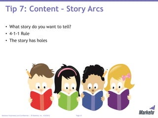 Page 22Marketo Proprietary and Confidential | © Marketo, Inc. 4/9/2015
Tip 7: Content – Story Arcs
• What story do you want to tell?
• 4-1-1 Rule
• The story has holes
 