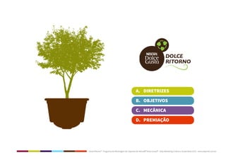 Dolce Ritorno® - Programa de Reciclagem de Cápsulas de Nescafé® Dolce Gusto® - Step Marketing Criativo e Sustentável 2013 - www.stepmkt.com.br
DIRETRIZES
OBJETIVOS
MECÂNICA
PREMIAÇÃO
A.
B.
C.
D.
 