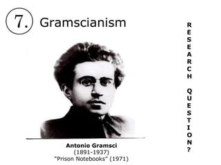 7. Gramscianism
Antonio Gramsci
(1891-1937)
“Prison Notebooks” (1971)
R
E
S
E
A
R
C
H
Q
U
E
S
T
I
O
N
?
 
