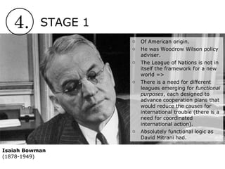 4. STAGE 1
Isaiah Bowman
(1878-1949)
o Of American origin.
o He was Woodrow Wilson policy
adviser.
o The League of Nations is not in
itself the framework for a new
world =>
o There is a need for different
leagues emerging for functional
purposes, each designed to
advance cooperation plans that
would reduce the causes for
international trouble (there is a
need for coordinated
international action).
o Absolutely functional logic as
David Mitrani had.
 