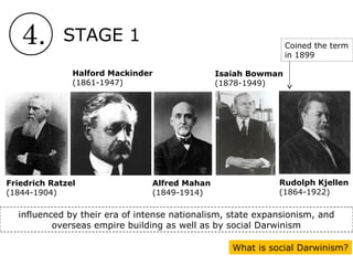4. STAGE 1
Alfred Mahan
(1849-1914)
Halford Mackinder
(1861-1947)
Isaiah Bowman
(1878-1949)
Friedrich Ratzel
(1844-1904)
Rudolph Kjellen
(1864-1922)
influenced by their era of intense nationalism, state expansionism, and
overseas empire building as well as by social Darwinism
What is social Darwinism?
Coined the term
in 1899
 