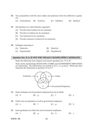 28.   Two propositions with the same subject and predicate terms but different in quality
      are :
      (A)   Contradictory      (B)   Contrary         (C)   Subaltern     (D)   Identical


29.   The premises of a valid deductive argument :
      (A)   Provide some evidence for its conclusion
      (B)   Provide no evidence for its conclusion
      (C)   Are irrelevant for its conclusion
      (D)   Provide conclusive evidence for its conclusion


30.   Syllogistic reasoning is :
      (A)   Deductive                           (B)   Inductive
      (C)   Experimental                        (D)   Hypothetical


  Question Nos. 31 to 35 NOT FOR VISUALLY HANDICAPPED CANDIDATES
      Study the following Venn diagram and answer questions nos. 31 to 33.
      Three circles representing GRADUATES, CLERKS and GOVERNMENT EMPLOYEES
      are intersecting. The intersections are marked A, B, C, e, f, g and h. Which part best
      represents the statements in questions 31 to 33 ?




31.   Some Graduates are Government employees but not as Clerks.
      (A)   h                  (B)   g                (C)   f             (D)   e


32.   Clerks who are graduates as well as government employees :
      (A)   e                  (B)   f                (C)   g             (D)   h


33.   Some graduates are Clerks but not Government employees.
      (A)   f                  (B)   g                (C)   h             (D)   e


WXYZ—00                                         14
 