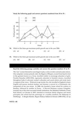 Study the following graph and answer questions numbered from 34 to 35 :




34.   Which of the firms got maximum profit growth rate in the year 2006.
      (A)   ab              (B)   ce               (C)   cd               (D)   ef


35.   Which of the firms got maximum profit growth rate in the year 2007.
      (A)   bdf             (B)   acf              (C)   bcd              (D)   ace



                     FOR BLIND STUDENTS ONLY
      Read the following passage carefully and answer the question numbers 31 to 35 :

      The ‘new’ women themselves soon began to play a role as writers and advocates reform.
      One outspoken woman princely ruler, the Begum of Bhopal, covered from head to foot
      in the garment known as a burqa, travelled widely to encourage education of girls.
      Pandita Ramabai (1858-1922), rigorously educated in Sanskrit classics, travelled
      throughout India to advocate women’s education and social reform and wrote tracts
      in support of her views. Widowed at age twenty five, she travelled to England to learn
      English and pursue medical studies, and became a convert to a Christianity she
      interpreted on her own terms. In 1888, she founded a home school for widows in
      Bombay, followed by another in Poona. A Deccani Brahman woman, Gangabai,
      founded one of the most successful female institutions, the Mahakali Pathshala (‘Great
      Kali School’) in Calcutta in 1893, intended to inculcate Hindu religious and moral
      principles; the school had the patronage of a wealthy landlord, the Maharaja of
      Darbhanga. A Bengali Muslim, Begum Rokeya Sakhawat Hossain (1880-1932), set up


WXYZ—00                                     16
 