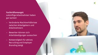 nextMedia.Lecture Arbeiten 4.0 - Robert Neuhann - XING AG 17
Fachkräftemangel:
zukünftige Arbeitnehmer haben
gut lachen!
− Veränderte Machtverhältnisse
zwischen Arbeitgebern und
Arbeitnehmern
− Bewerber können sich
Arbeitsbedigungen aussuchen
− Notwendigkeit für aktives
Recruiting und Employer
Branding steigt
 