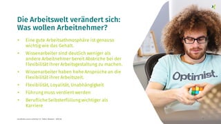 Die Arbeitswelt verändert sich:
Was wollen Arbeitnehmer?
• Eine gute Arbeitsathmosphäre ist genauso
wichtig wie das Gehalt.
• Wissenarbeiter sind deutlich weniger als
andere Arbeitnehmer bereit Abstriche bei der
Flexibilität ihrer Arbeitsgestaltung zu machen.
• Wissenarbeiter haben hohe Ansprüche an die
Flexibilität ihrer Arbeitszeit.
• Flexibilität, Loyalität, Unabhängigkeit
• Führung muss verdient werden
• BeruflicheSelbsterfüllung wichtiger als
Karriere
nextMedia.Lecture Arbeiten 4.0 - Robert Neuhann - XING AG 9
 