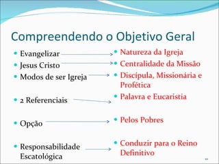 Compreendendo o Objetivo Geral Evangelizar Jesus Cristo Modos de ser Igreja 2 Referenciais Opção Responsabilidade Escatológica Natureza da Igreja Centralidade da Missão Discípula, Missionária e Profética Palavra e Eucaristia Pelos Pobres Conduzir para o Reino Definitivo 