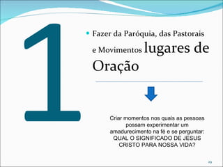 1 Fazer da Paróquia, das Pastorais e Movimentos  lugares de Oração Criar momentos nos quais as pessoas possam experimentar um amadurecimento na fé e se perguntar: QUAL O SIGNIFICADO DE JESUS CRISTO PARA NOSSA VIDA? 