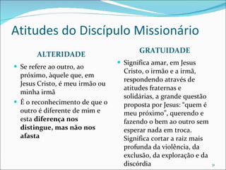 Atitudes do Discípulo Missionário ALTERIDADE GRATUIDADE Se refere ao outro, ao próximo, àquele que, em Jesus Cristo, é meu irmão ou minha irmã É o reconhecimento de que o outro é diferente de mim e esta  diferença nos distingue, mas não nos afasta Significa amar, em Jesus Cristo, o irmão e a irmã, respondendo através de atitudes fraternas e solidárias, a grande questão proposta por Jesus: “quem é meu próximo”, querendo e fazendo o bem ao outro sem esperar nada em troca. Significa cortar a raiz mais profunda da violência, da exclusão, da exploração e da discórdia 