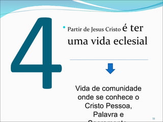 4 Partir de Jesus Cristo  é ter uma vida eclesial Vida de comunidade onde se conhece o Cristo Pessoa, Palavra e Sacramento. 