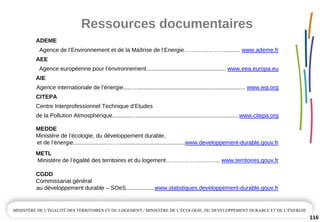 Ressources documentaires
116
ADEME
Agence de l’Environnement et de la Maîtrise de l’Energie…….……………......... www.ademe.fr
AEE
Agence européenne pour l’environnement.................................................. www.eea.europa.eu
AIE
Agence internationale de l’énergie.....….................................................................... www.iea.org
CITEPA
Centre Interprofessionnel Technique d’Etudes
de la Pollution Atmosphérique............…................................................................www.citepa.org
MEDDE
Ministère de l’écologie, du développement durable,
et de l’énergie.....................……..........................................www.developpement­durable.gouv.fr
METL
Ministère de l’égalité des territoires et du logement………………..……... www.territoires.gouv.fr
CGDD
Commissariat général
au développement durable – SOeS..................www.statistiques.developpement­durable.gouv.fr
 