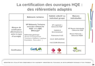 La certification des ouvrages HQE :
des référentiels adaptés 
24
 