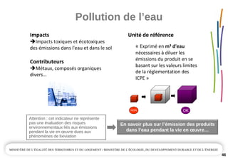 Pollution de l’eau
46
Impacts
Impacts toxiques et écotoxiques 
des émissions dans l'eau et dans le sol
Contributeurs 
Métaux, composés organiques 
divers…
Unité de référence
« Exprimé en m3 d'eau 
nécessaires à diluer les 
émissions du produit en se 
basant sur les valeurs limites 
de la réglementation des 
ICPE »
OKNON
En savoir plus sur l’émission des produits 
dans l’eau pendant la vie en œuvre…
Attention : cet indicateur ne représente 
pas une évaluation des risques 
environnementaux liés aux émissions 
pendant la vie en œuvre dues aux 
phénomènes de lixiviation 
 