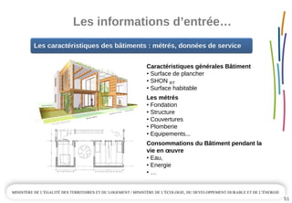 Les informations d’entrée…
51
Caractéristiques générales Bâtiment
• Surface de plancher
• SHON RT
• Surface habitable 
Les métrés
• Fondation
• Structure
• Couvertures
• Plomberie
• Equipements...
Consommations du Bâtiment pendant la 
vie en œuvre
• Eau,
• Energie
• …
Les caractéristiques des bâtiments : métrés, données de serviceLes caractéristiques des bâtiments : métrés, données de service
 
