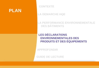www.developpement­durable.gouv.fr
Ministère de l'Écologie, du Développement durable,
des Transports et du Logement
LES DÉCLARATIONS 
ENVIRONNEMENTALES DES 
PRODUITS ET DES ÉQUIPEMENTS
LA DEMARCHE HQE
GUIDE DE LECTURE
LA PERFORMANCE ENVIRONNEMENTALE 
DES BÂTIMENTS
CONTEXTE
PLAN
APPROFONDIR
 