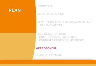 www.developpement­durable.gouv.fr
Ministère de l'Écologie, du Développement durable,
des Transports et du Logement
LES DÉCLARATIONS 
ENVIRONNEMENTALES DES 
PRODUITS ET DES ÉQUIPEMENTS
LA DEMARCHE HQE
GUIDE DE LECTURE
LA PERFORMANCE ENVIRONNEMENTALE 
DES BÂTIMENTS
CONTEXTE
PLAN
APPROFONDIR
 