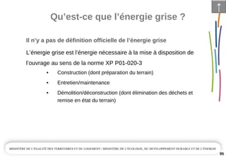 Qu’est­ce que l’énergie grise ?
95
Il n’y a pas de définition officielle de l’énergie grise
L’énergie grise est l’énergie nécessaire à la mise à disposition de 
l’ouvrage au sens de la norme XP P01­020­3
• Construction (dont préparation du terrain)
• Entretien/maintenance
• Démolition/déconstruction (dont élimination des déchets et 
remise en état du terrain)
↑
 