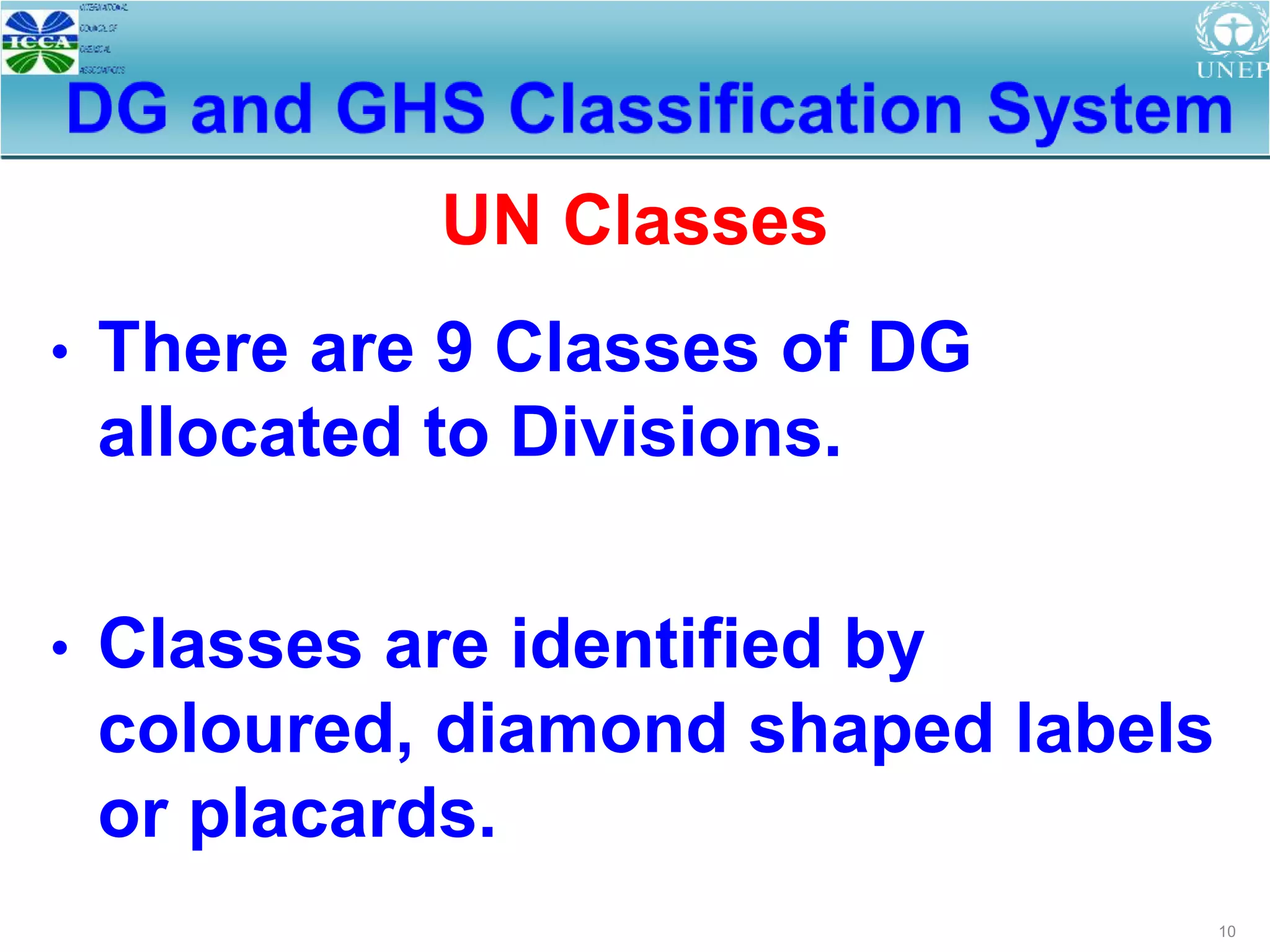 10
• There are 9 Classes of DG
allocated to Divisions.
• Classes are identified by
coloured, diamond shaped labels
or placards.
UN Classes
 