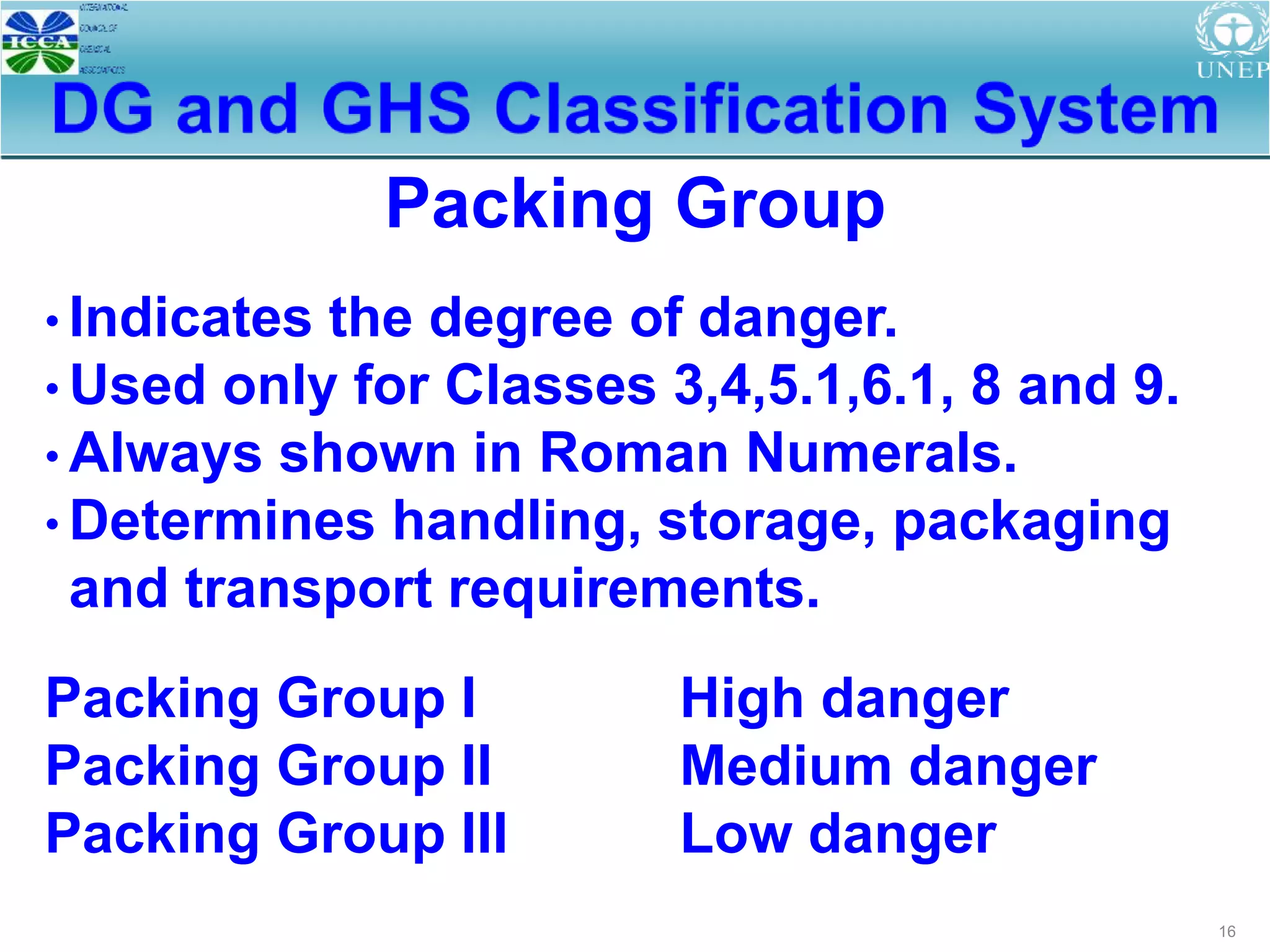 16
Packing Group
• Indicates the degree of danger.
• Used only for Classes 3,4,5.1,6.1, 8 and 9.
• Always shown in Roman Numerals.
• Determines handling, storage, packaging
and transport requirements.
Packing Group I High danger
Packing Group II Medium danger
Packing Group III Low danger
 
