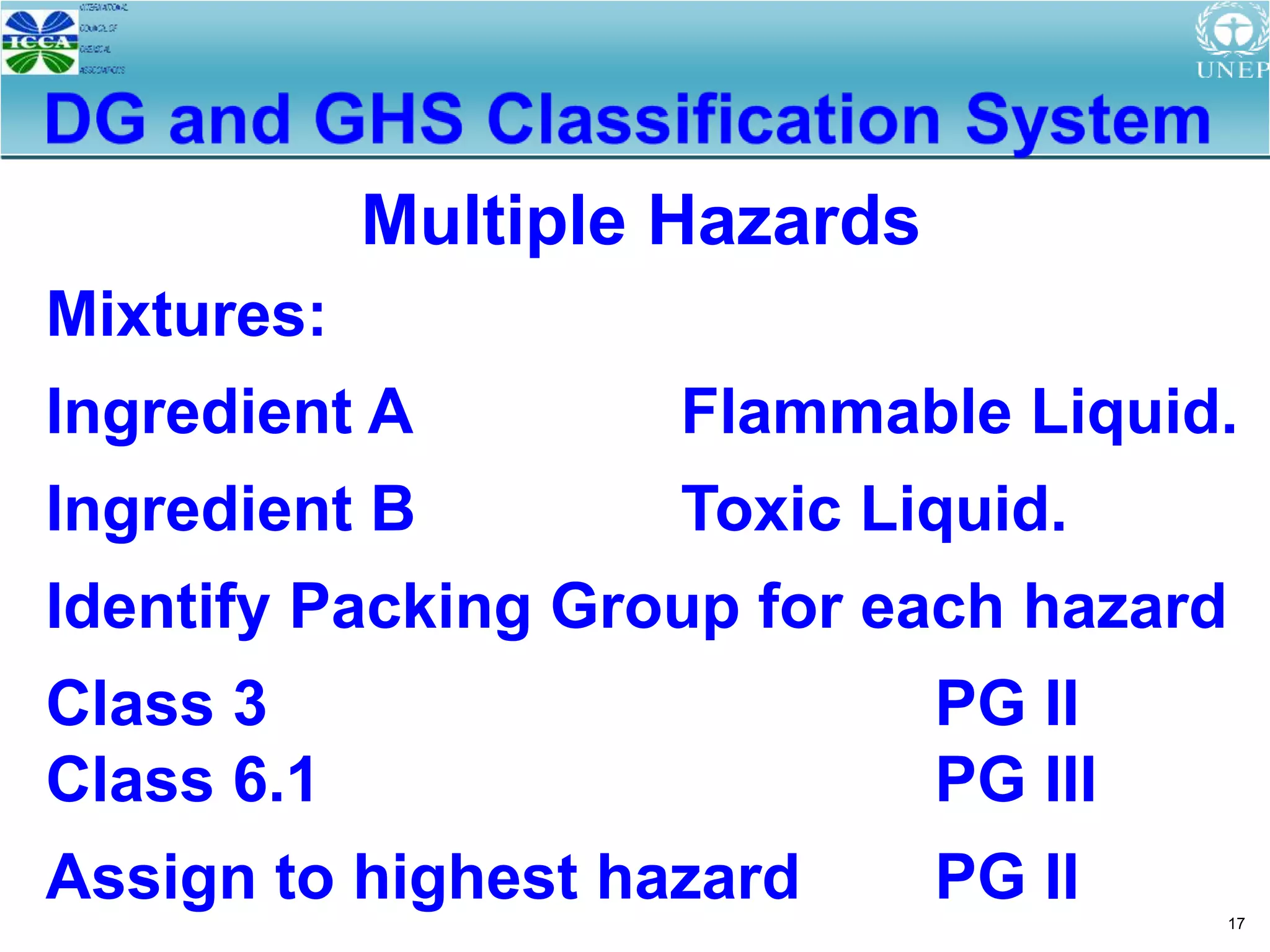 17
Multiple Hazards
Mixtures:
Ingredient A Flammable Liquid.
Ingredient B Toxic Liquid.
Identify Packing Group for each hazard
Class 3 PG II
Class 6.1 PG III
Assign to highest hazard PG II
 