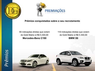 Prêmios conquistados sobre o seu recrutamento



          55 indicações diretas que ciclem   110 indicações diretas que ciclem
           do Gold Matriz à R$ 5.300,00        do Gold Matriz à R$ 5.300,00
             Mercedes-Benz C180                         BMW X6
Prêmios
 
