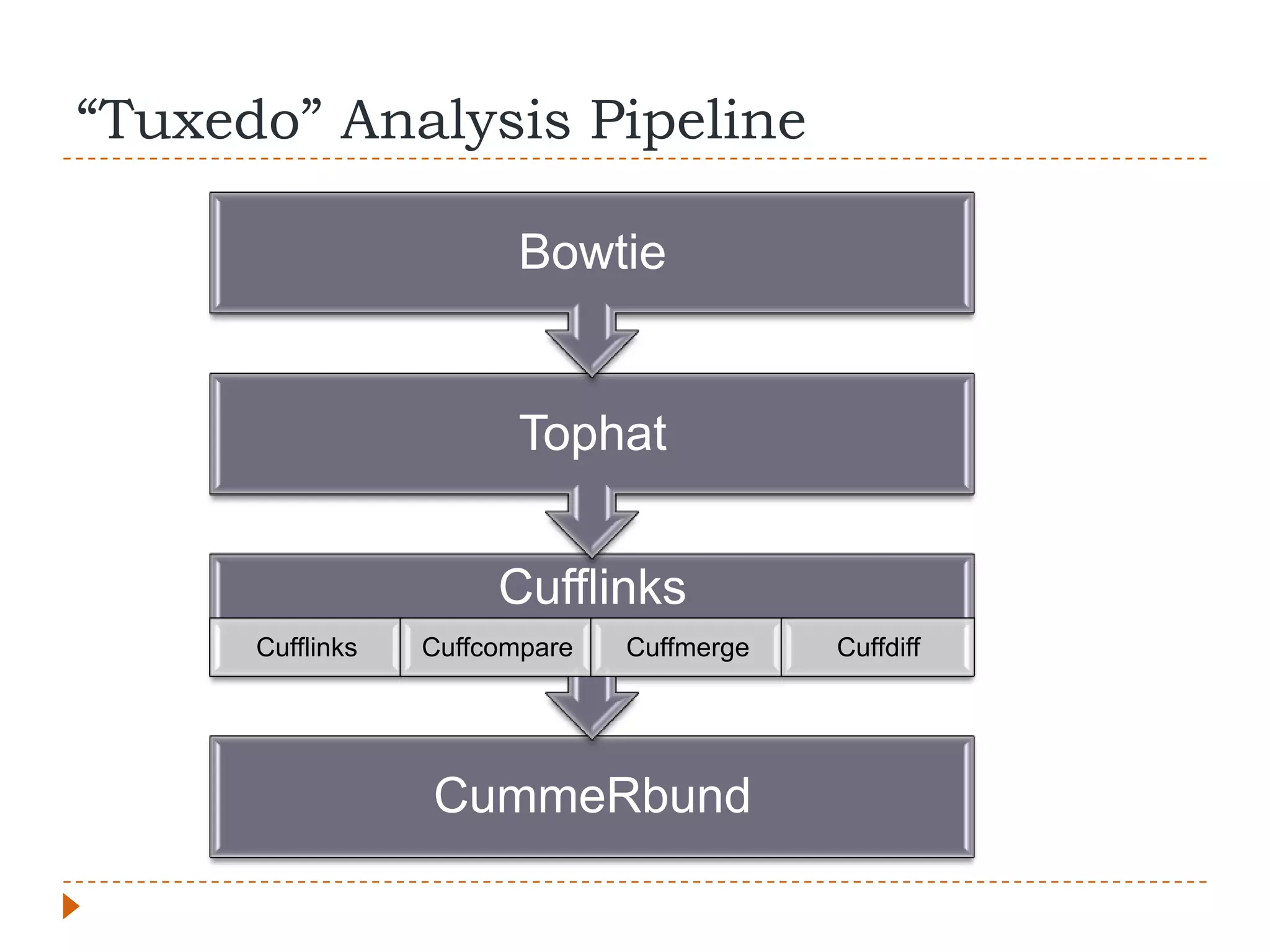 “Tuxedo” Analysis Pipeline

                         Bowtie


                         Tophat


                       Cufflinks
      Cufflinks   Cuffcompare   Cuffmerge   Cuffdiff




                  CummeRbund
 