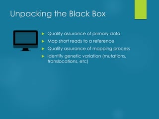 Unpacking the Black Box
 Quality assurance of primary data
 Map short reads to a reference
 Quality assurance of mapping process
 Identify genetic variation (mutations,
translocations, etc)
 