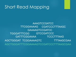 Short Read Mapping
AGCTGGGATTTCGGAAAAGTCCGATCCCTTTAAGCGAA
AGCTGGGAT
GATTTCGGAAAA
TCGGAAAAGTC TTTAAGCGAA
TCCCTTTAAG
GTCCGATCCC
GAAAAGTCCGATCC
TGGGATTTCGG
TTCGGAAAAG CGATCCCTTTAAGC
AAAGTCCGATCC
 