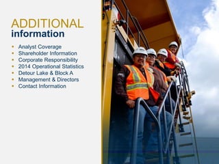 24
ADDITIONAL
information
 Analyst Coverage
 Shareholder Information
 Corporate Responsibility
 2014 Operational Statistics
 Detour Lake & Block A
 Management & Directors
 Contact Information
 