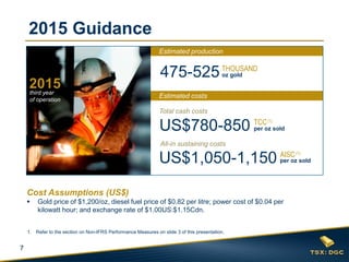 7
475-525THOUSAND
oz gold
US$780-850 TCC
per oz sold
(1)
US$1,050-1,150
All-in sustaining costs
AISC
per oz sold
(1)
Estimated production
Estimated costs
Total cash costs
Cost Assumptions (US$)
 Gold price of $1,200/oz, diesel fuel price of $0.82 per litre; power cost of $0.04 per
kilowatt hour; and exchange rate of $1.00US:$1.15Cdn.
1. Refer to the section on Non-IFRS Performance Measures on slide 3 of this presentation.
2015 Guidance
third year
of operation
2015
 