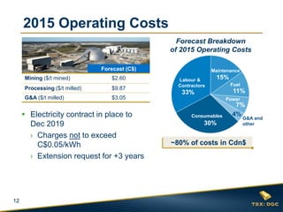 12
~80% of costs in Cdn$
2015 Operating Costs
Maintenance
Labour &
Contractors
Power
Fuel
G&A and
other
Consumables
30%
15%
33%
7%
11%
4%
Forecast (C$)
Mining ($/t mined) $2.60
Processing ($/t milled) $9.87
G&A ($/t milled) $3.05
 Electricity contract in place to
Dec 2019
› Charges not to exceed
C$0.05/kWh
› Extension request for +3 years
Forecast Breakdown
of 2015 Operating Costs
 
