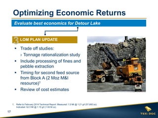 17
Evaluate best economics for Detour Lake
 Trade off studies:
› Tonnage rationalization study
 Include processing of fines and
pebble extraction
 Timing for second feed source
from Block A (2 Moz M&I
resource)1
 Review of cost estimates
Optimizing Economic Returns
3LOM PLAN UPDATE
1. Refer to February 2014 Technical Report: Measured: 1.5 Mt @ 1.21 g/t (57,000 oz);
Indicated: 52.5 Mt @ 1.15 g/t (1.93 M oz).
 