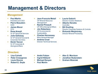 30
 Paul Martin
President and CEO
 Pierre Beaudoin
COO
 James Mavor
CFO
 Drew Anwyll
Sr VP Technical Services
 Julie Galloway
Sr VP General Counsel &
Corporate Secretary
 Derek Teevan
Sr VP Corporate &
Aboriginal Affairs
 Jean-Francois Metail
VP Mineral Resource
Management
 Rachel Pineault
VP HR & Aboriginal Affairs
 Jim Robertson
VP Environment &
Sustainability
 Charles Hennessey
Mine General Manager
 Andrew Croal
Director Technical Services
 Laurie Gaborit
Director Investor Relations
 Alberto Heredia
Controller
 Bill Snelling
Director Corporate Systems & Controls
 Rickardo Welyhorsky
Director Mineral Processing
 Lisa Colnett
 Peter Crossgrove
 Louis Dionne
 Robert E. Doyle
 Alex G. Morrison
 Jonathan Rubenstein
 Graham Wozniak
 André Falzon
 Ingrid Hibbard
 Michael Kenyon
 Paul Martin
Management & Directors
Management
Directors
 