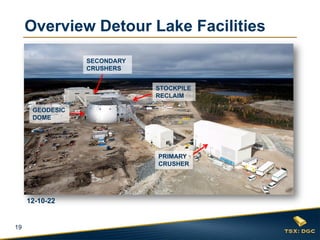 Overview Detour Lake Facilities
                 SECONDARY
                 CRUSHERS


                             STOCKPILE
                             RECLAIM

      GEODESIC
      DOME




                             PRIMARY
                             CRUSHER




     12-10-22


19
 