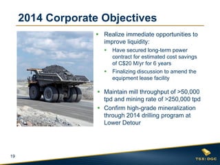 2014 Corporate Objectives
 Realize immediate opportunities to
improve liquidity:




Have secured long-term power
contract for estimated cost savings
of C$20 M/yr for 6 years
Finalizing discussion to amend the
equipment lease facility

 Maintain mill throughput of >50,000
tpd and mining rate of >250,000 tpd
 Confirm high-grade mineralization
through 2014 drilling program at
Lower Detour

19

 